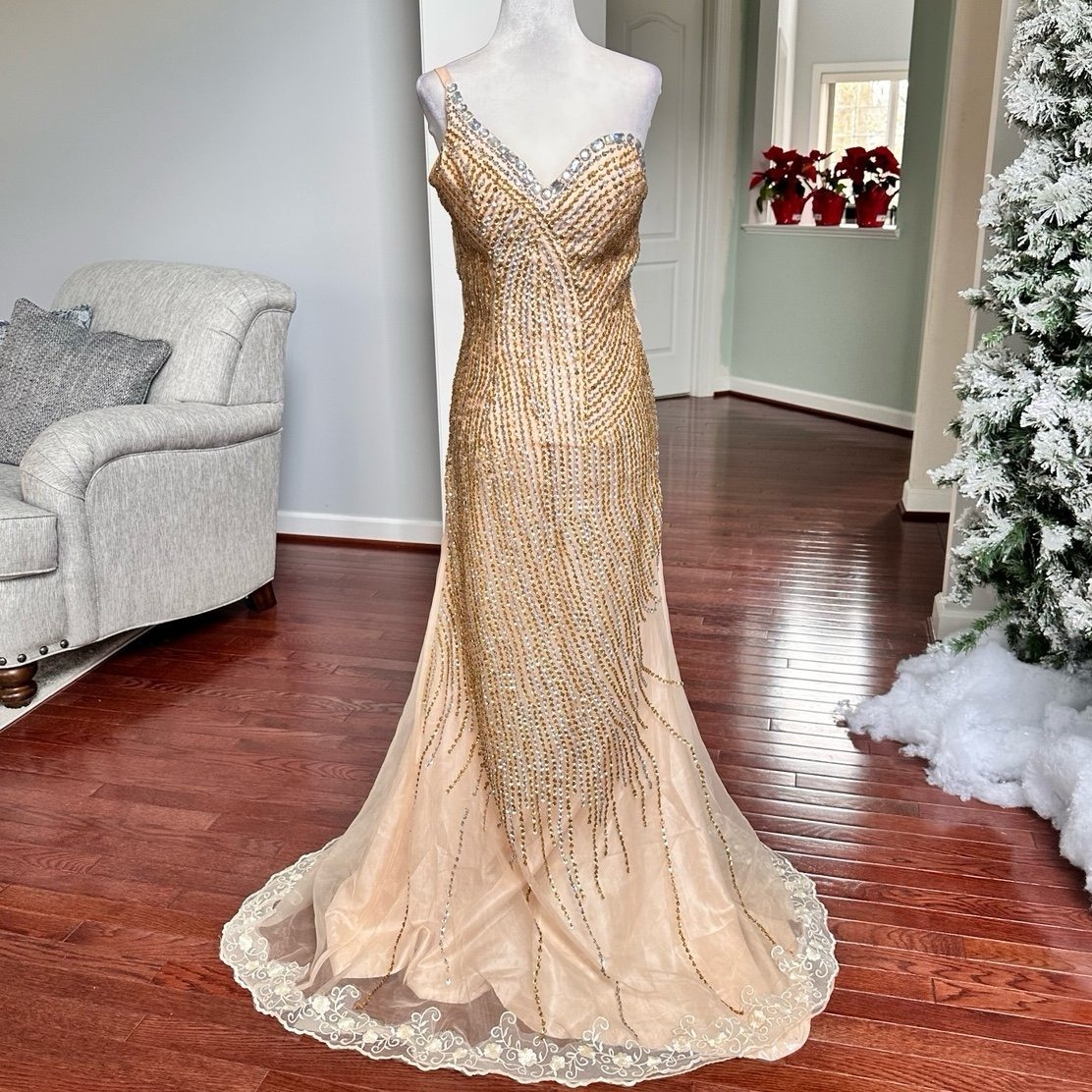 Luxury Handmade One Shoulder Sequin Unique Pattern Embellished Gown Dress Xs